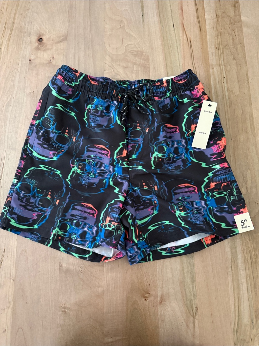 No Boundaries Black Neon Skull Print Swim Trunks